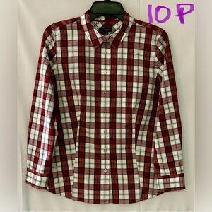 Talbots Women's Red and White Plaid Button Down Shirt